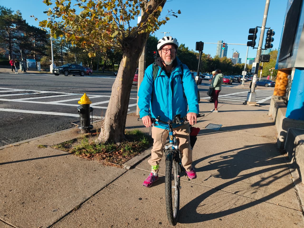 Michael Berger rides through the lower Tremont Street corridor near Roxbury Crossing.